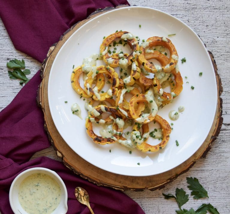 Roasted Delicata Squash with Tarragon-Chive Cream (dairy free!)